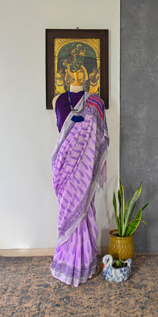 Block Printed Purple Linen Saree