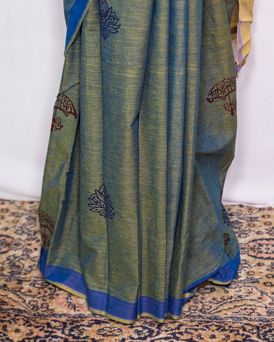 Green Block printed Handloom Saree