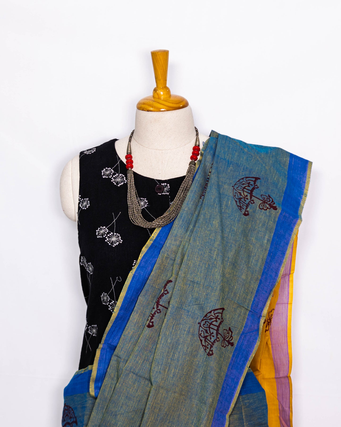 Green Block printed Handloom Saree