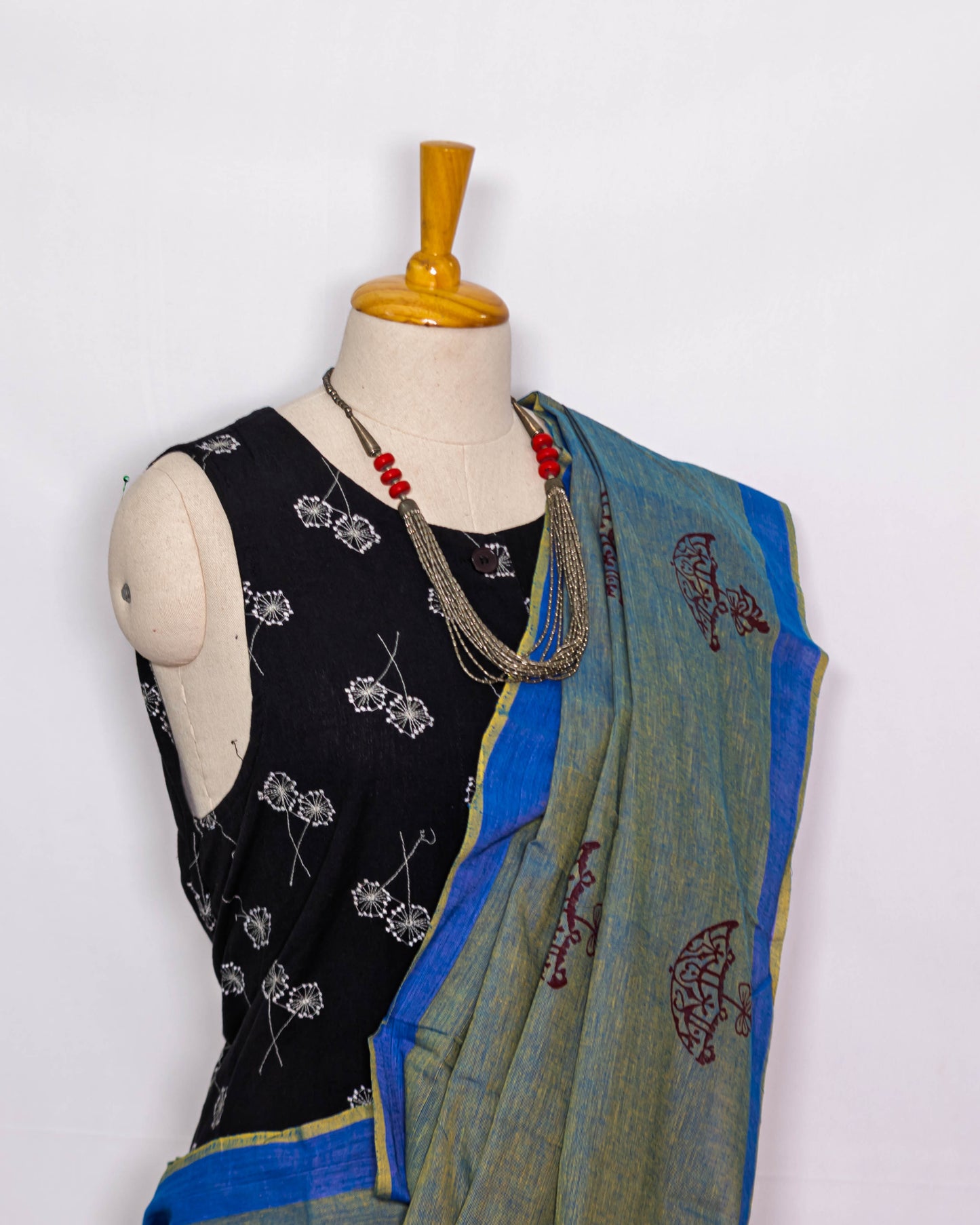 Green Block printed Handloom Saree