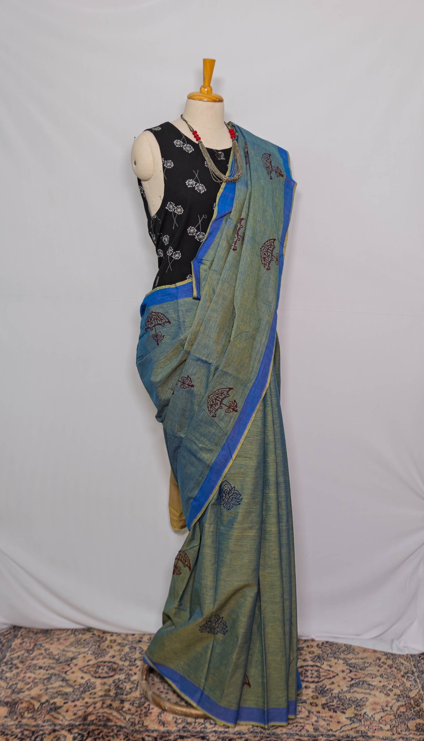 Green Block printed Handloom Saree