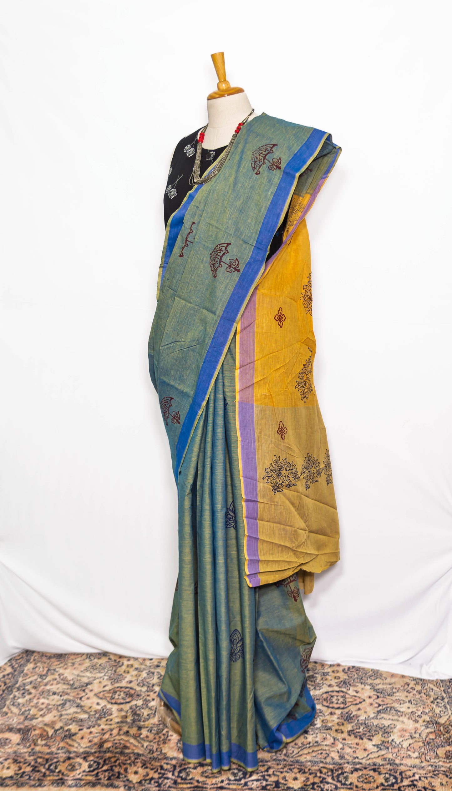 Green Block printed Handloom Saree