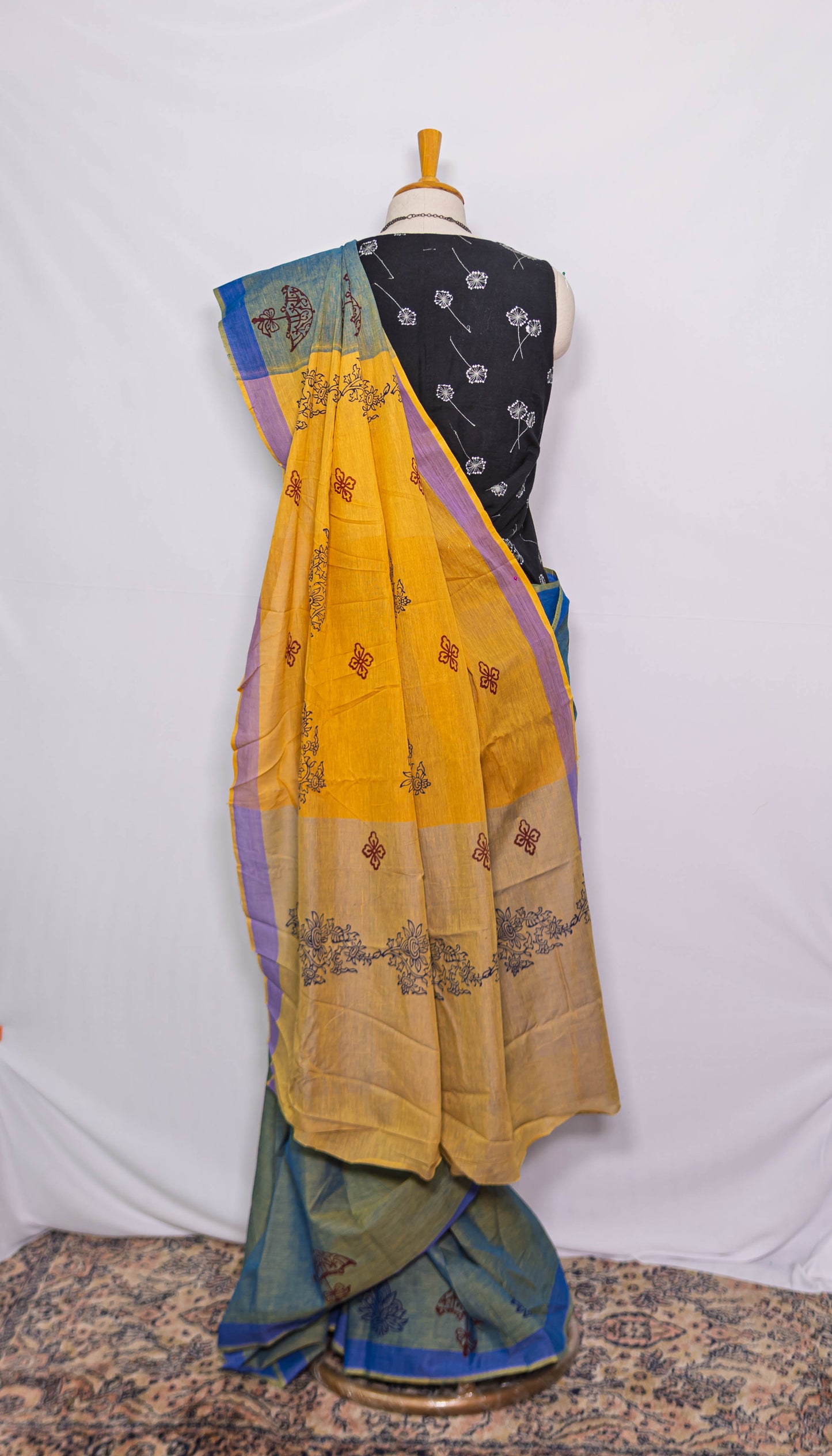 Green Block printed Handloom Saree